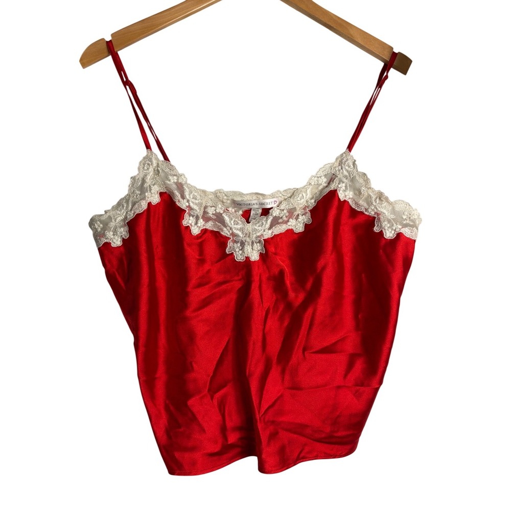 Victorias Secret vintage Red Satin Lace Trim Camisole Top Large lingerie y2k